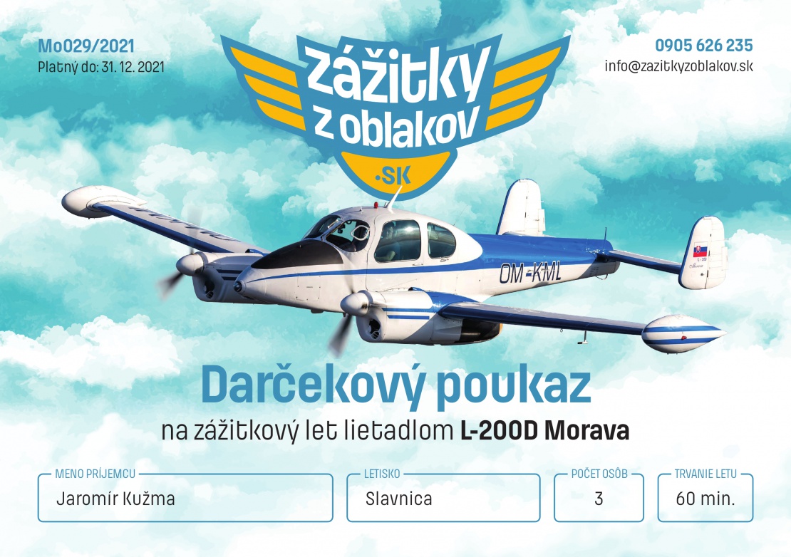 vzor darčekového poukazu na zážitkový let lietadlom L-200 Morava